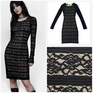 VTG Bebe Blk Lace Bodycon dress Y2K Fairygoth Sheer Long Slv above Knee Grunge